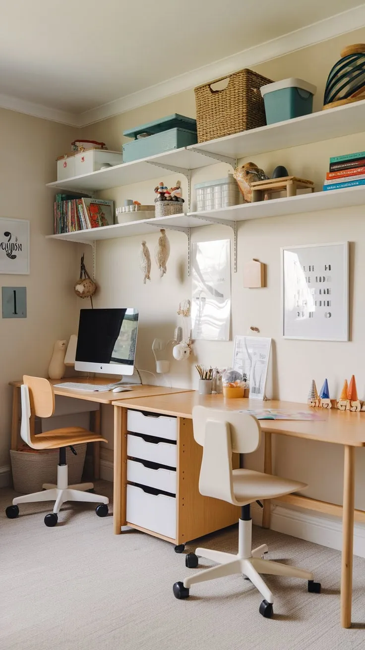 A bright, versatile kids' study room seamlessly blends learning and play with multiple desks, a computer station, bookshelves, and a dedicated toddler area.