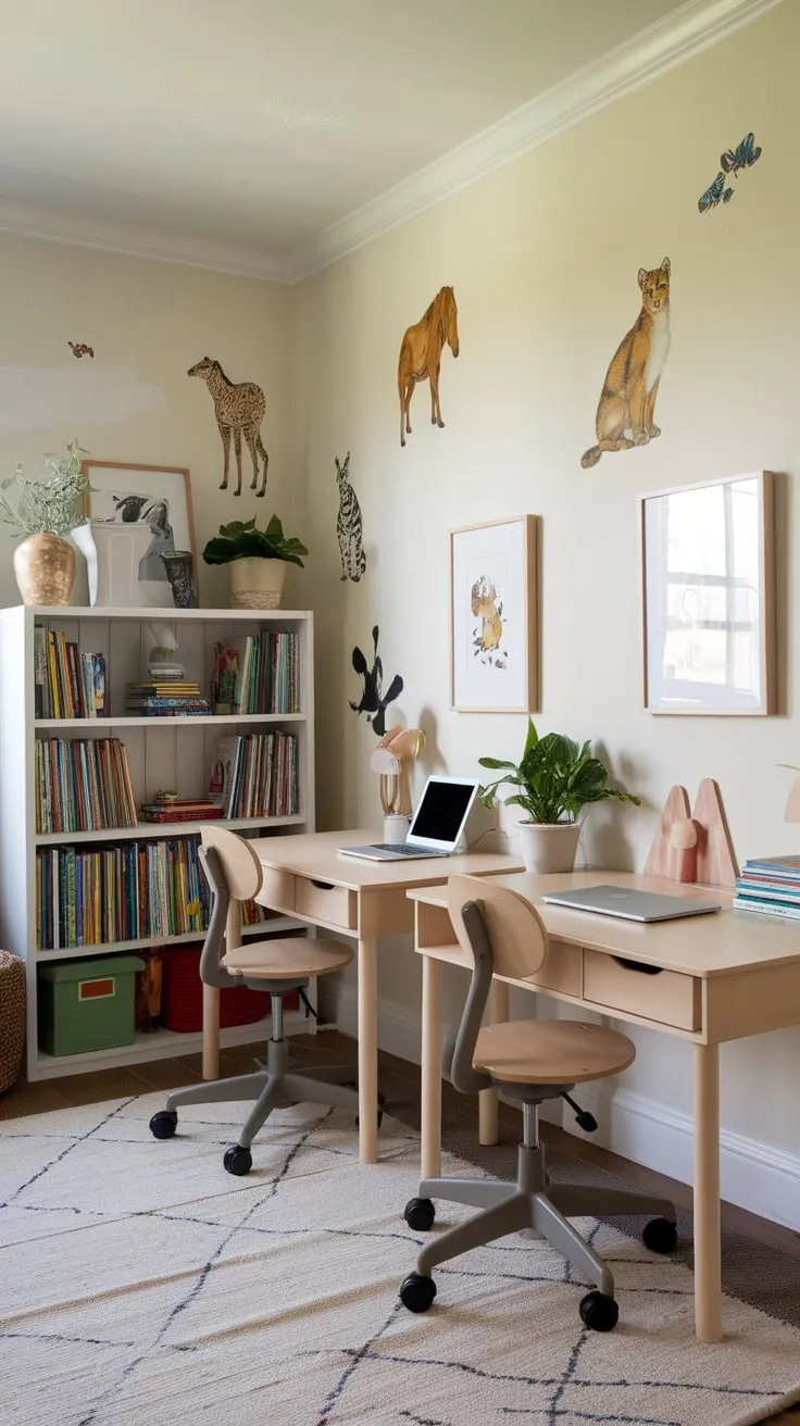 A playful yet functional kids' study room features dual desks, a bookshelf, animal wall decals, and a cozy rug, fostering both learning and imaginative play.