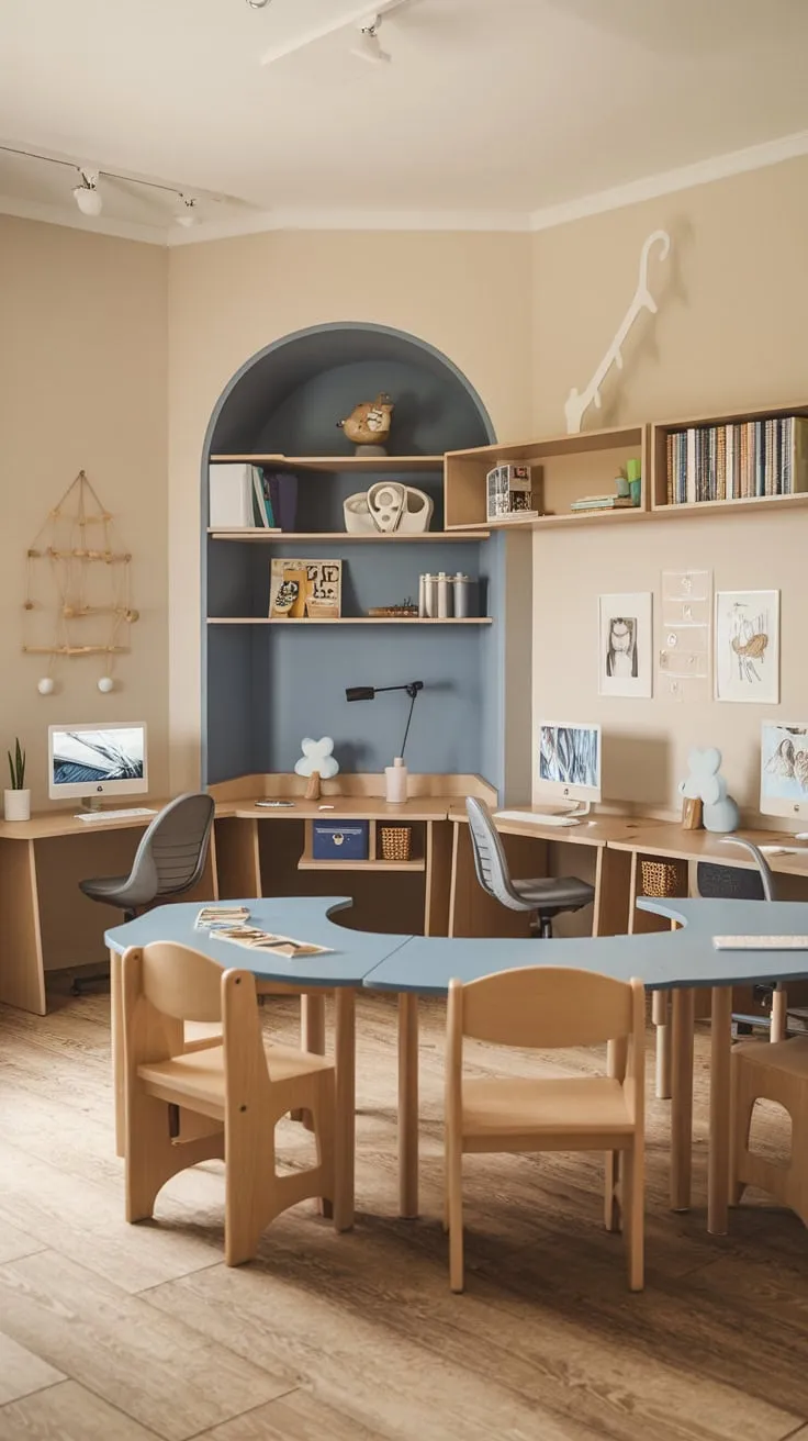 A thoughtfully designed kids' study room boasts a versatile layout with various desks and play areas, creating a fun and functional learning environment.