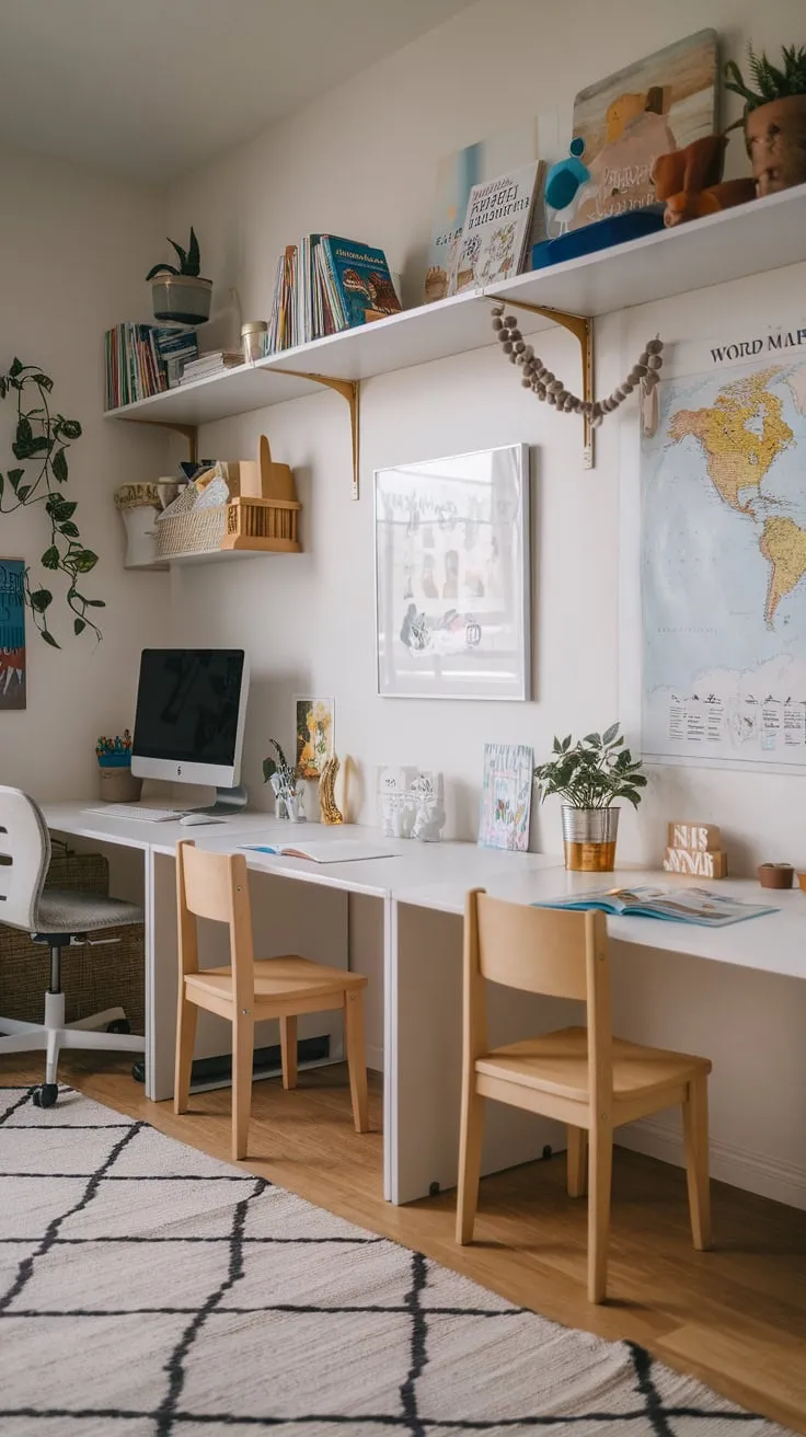 A vibrant kids' study room features multiple age-appropriate workspaces, playful decor, and ample storage for focused learning and creative play
