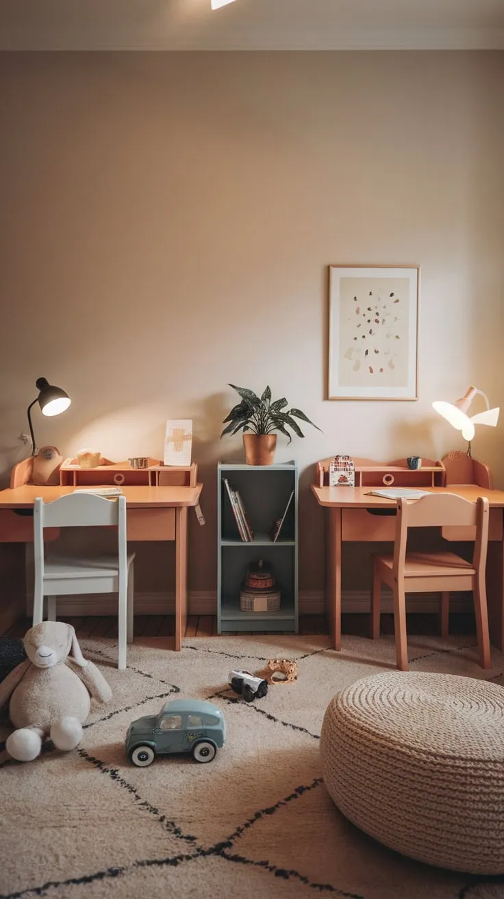 A warm and inviting kids' study space boasts a shared desk, soft lighting, and thoughtfully placed toys, blending learning and play seamlessly.
