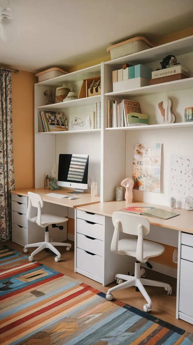 A warm and inviting kids' study room features a double IKEA desk, cleverly zoned for computer work, homework, and even playtime.
