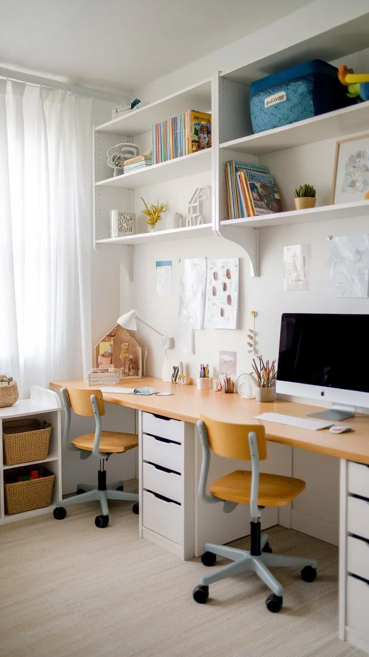This sunlit kids' study room boasts versatile Ikea desks perfect for homeschooling, homework, and even playtime.