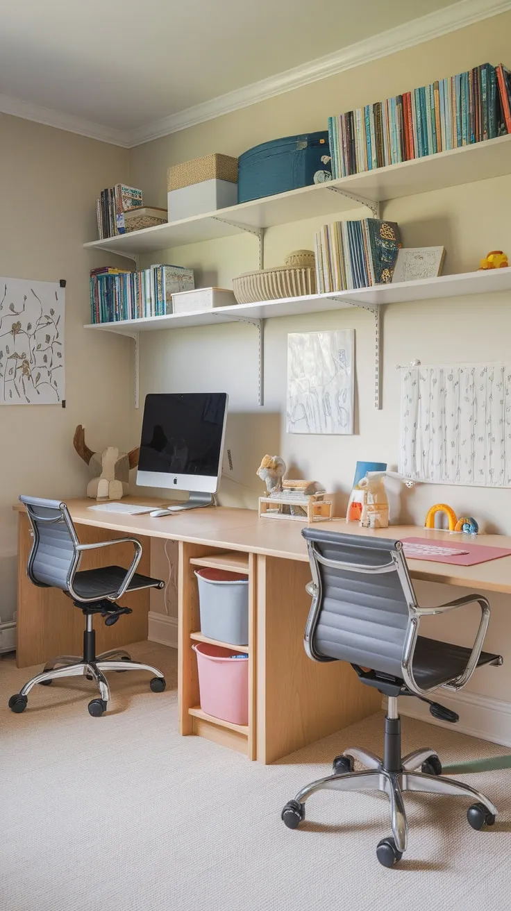 A light and airy kids' study room seamlessly blends learning and play with a double desk, computer station, and toy area, fostering a productive and enjoyable environment.