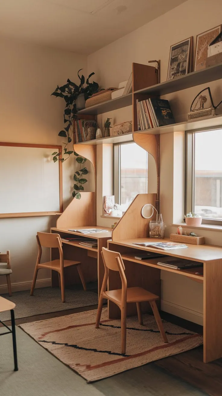 A warm and inviting kids' study room features a double wooden desk near a window, shelves, a whiteboard, and comfy seating perfect for focused learning and creative play