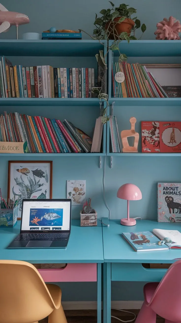 A blue-walled study room features a double desk where one child researches sea creatures while the other studies animals, surrounded by books and a calming plant.