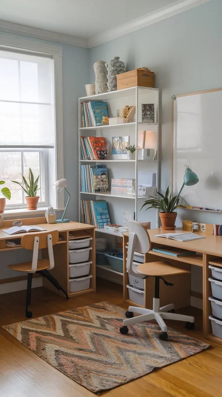 Two desks bathed in natural light and surrounded by inspiring elements create a cheerful and functional kids' study haven.