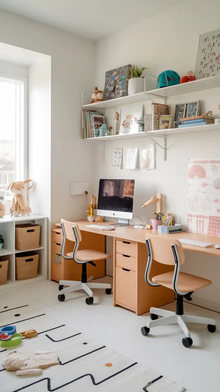 A bright, spacious kids' study room seamlessly blends learning and play with multiple desks, a computer station, and a toddler area.