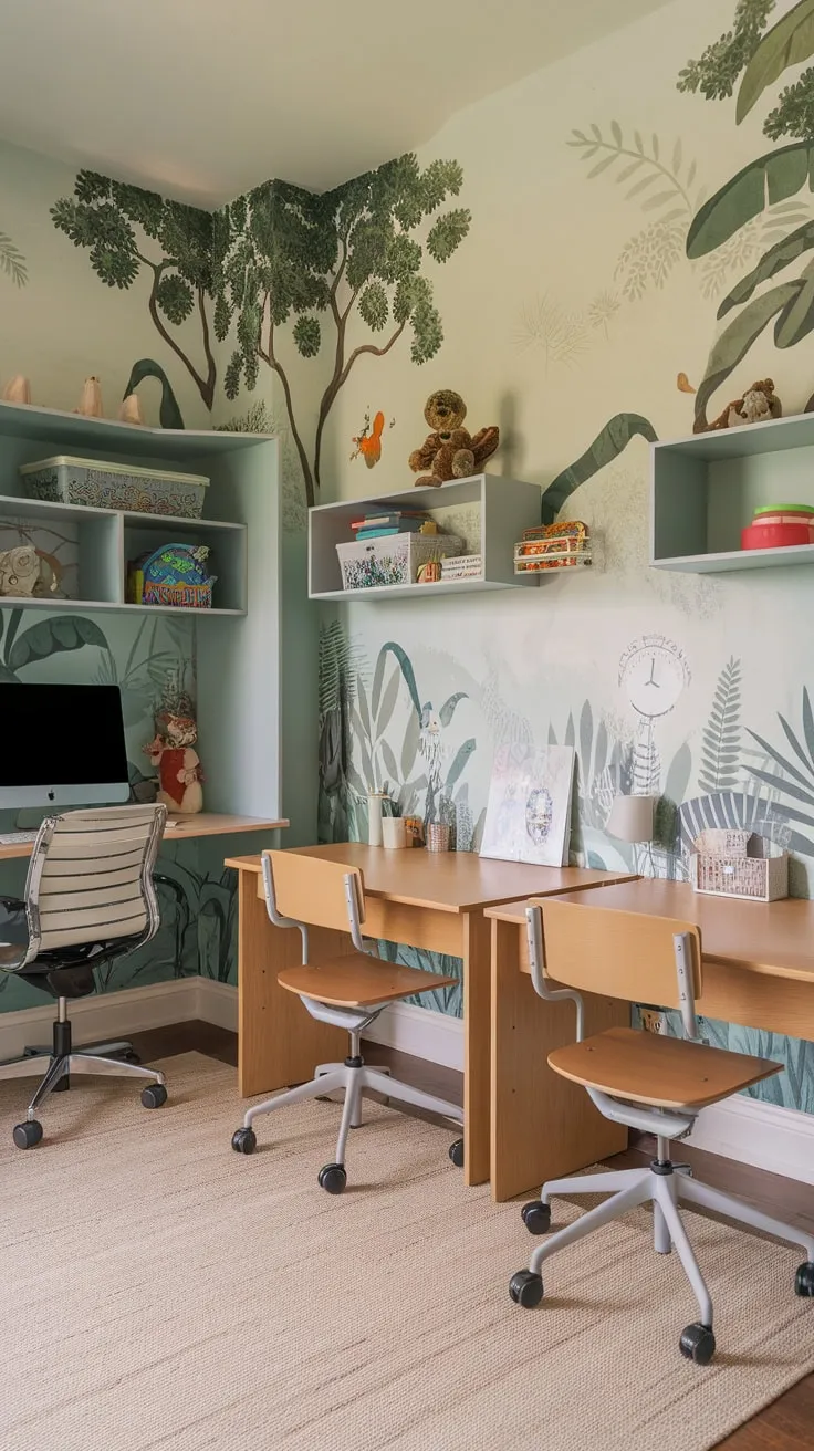 A playful jungle mural backdrop enhances a kids' study room featuring ample desk space, a computer station, and toy storage.