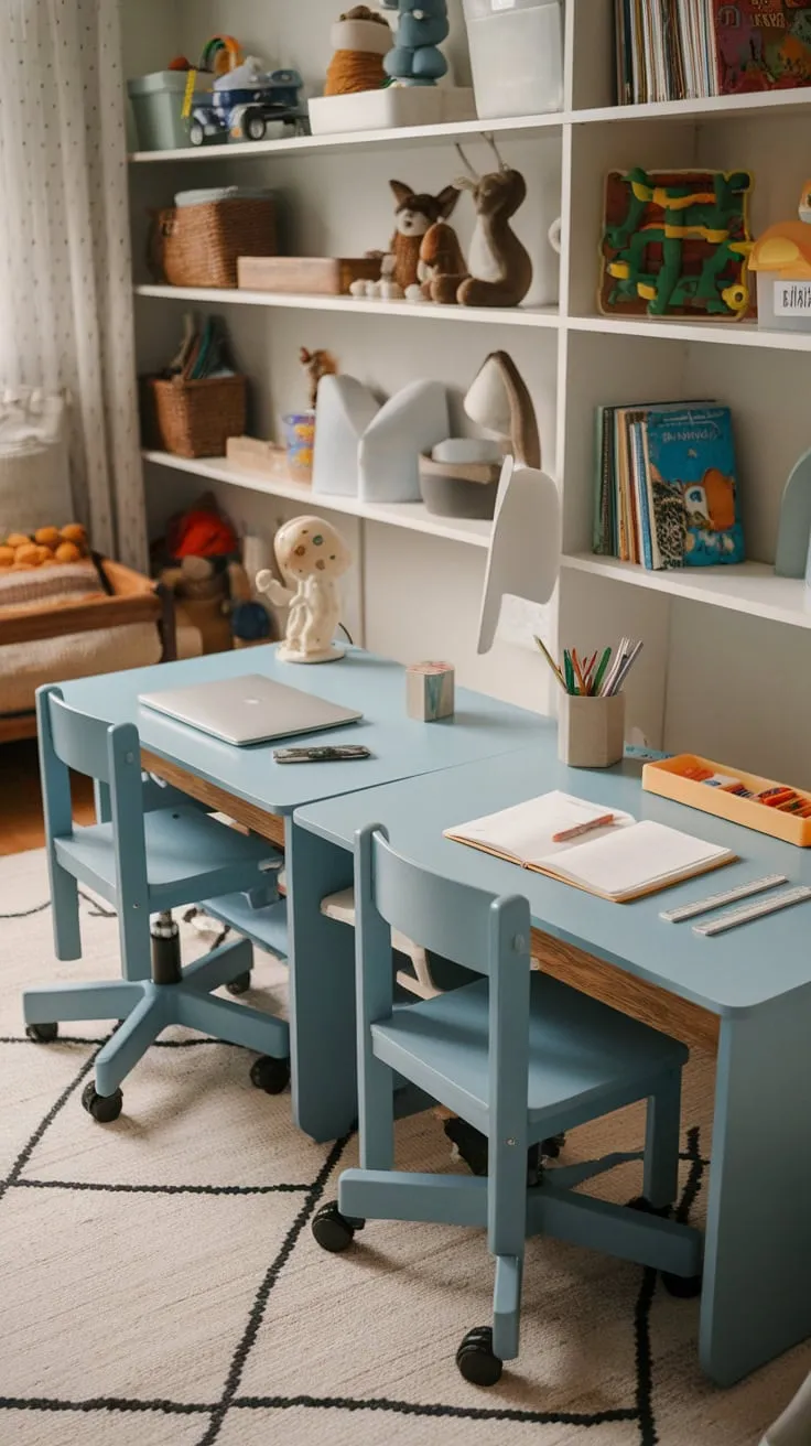 A cozy playroom seamlessly blends learning and fun with a double desk, stocked shelves, and a comfortable rug, creating the perfect kids study space.