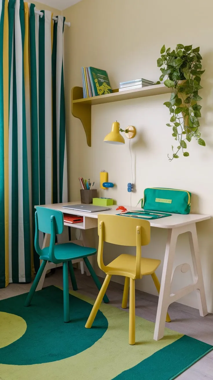 A vibrant green and yellow study space perfectly complements a child's learning environment with a dedicated desk, colorful accessories, and cheerful décor