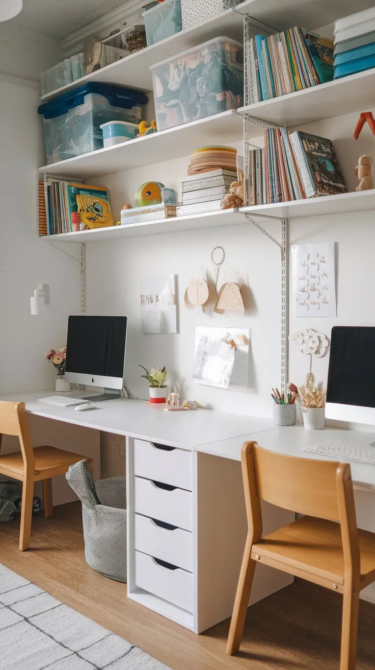A vibrant kids' study room features multiple IKEA desks, a dedicated computer station, and playful book-filled shelves, creating a fun and functional learning environment