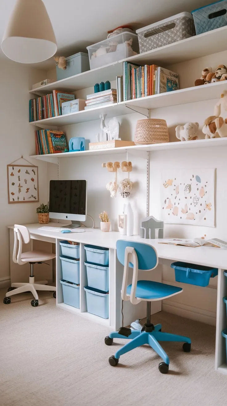 This thoughtfully designed kids' study room features multiple desks, storage solutions, and a computer station to support children of all ages in their learning journey.