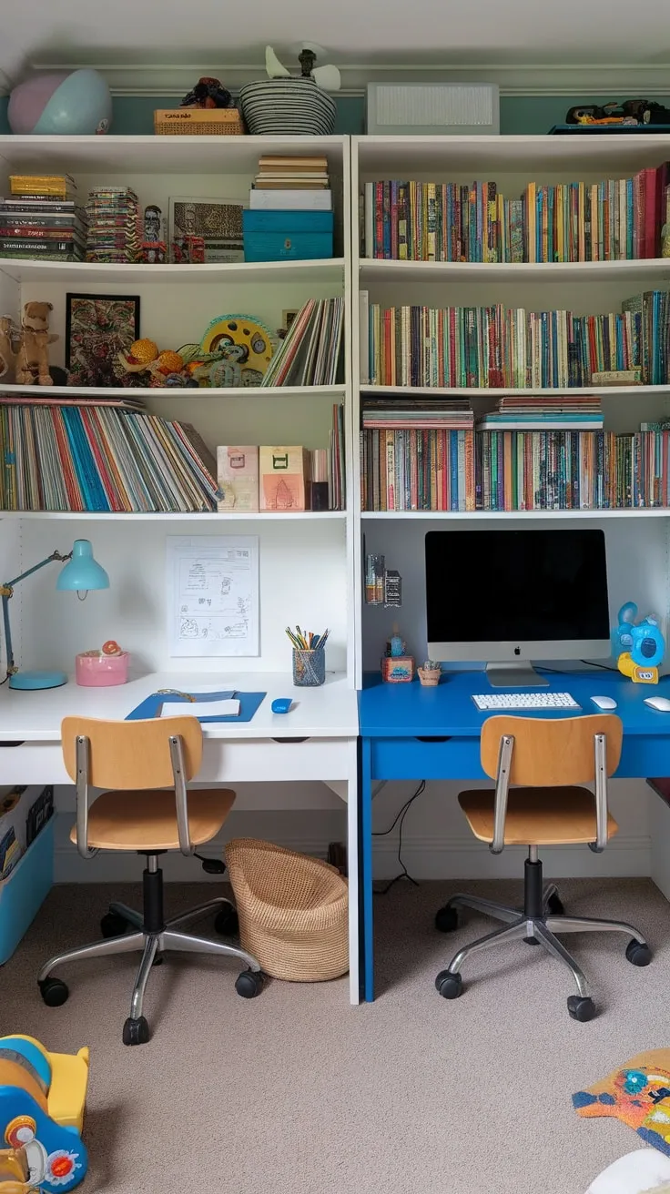 A playful kids' study room features dual desks—one for creative work, one for digital learning—surrounded by books and toys.