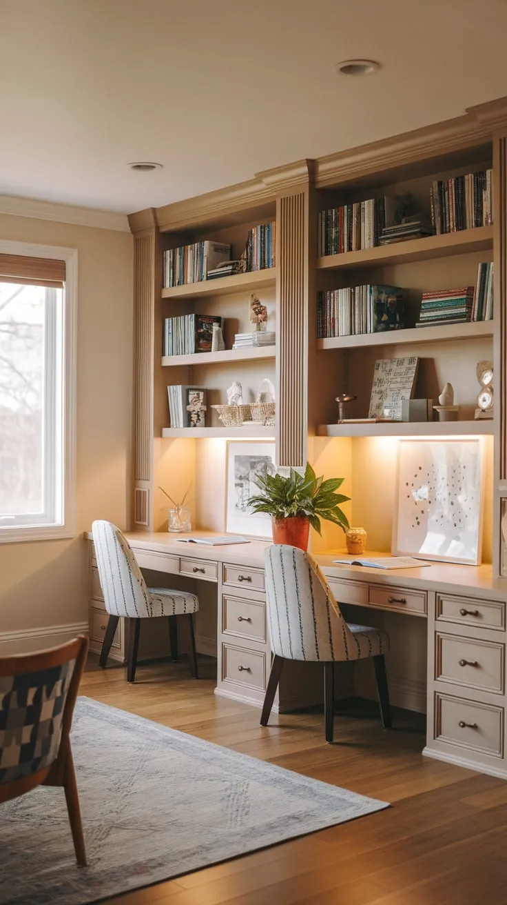 A warm and inviting kids' study room features a double desk near a window bathed in soft light, complemented by bookshelves, a rug, and potted plants for focused and comfortable learning