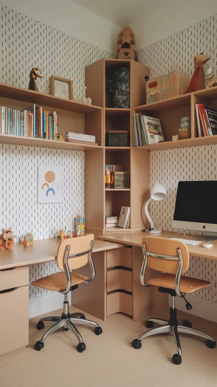 A thoughtfully designed study room caters to both toddler and older child needs with dedicated workspaces, playful elements, and organized learning resources.