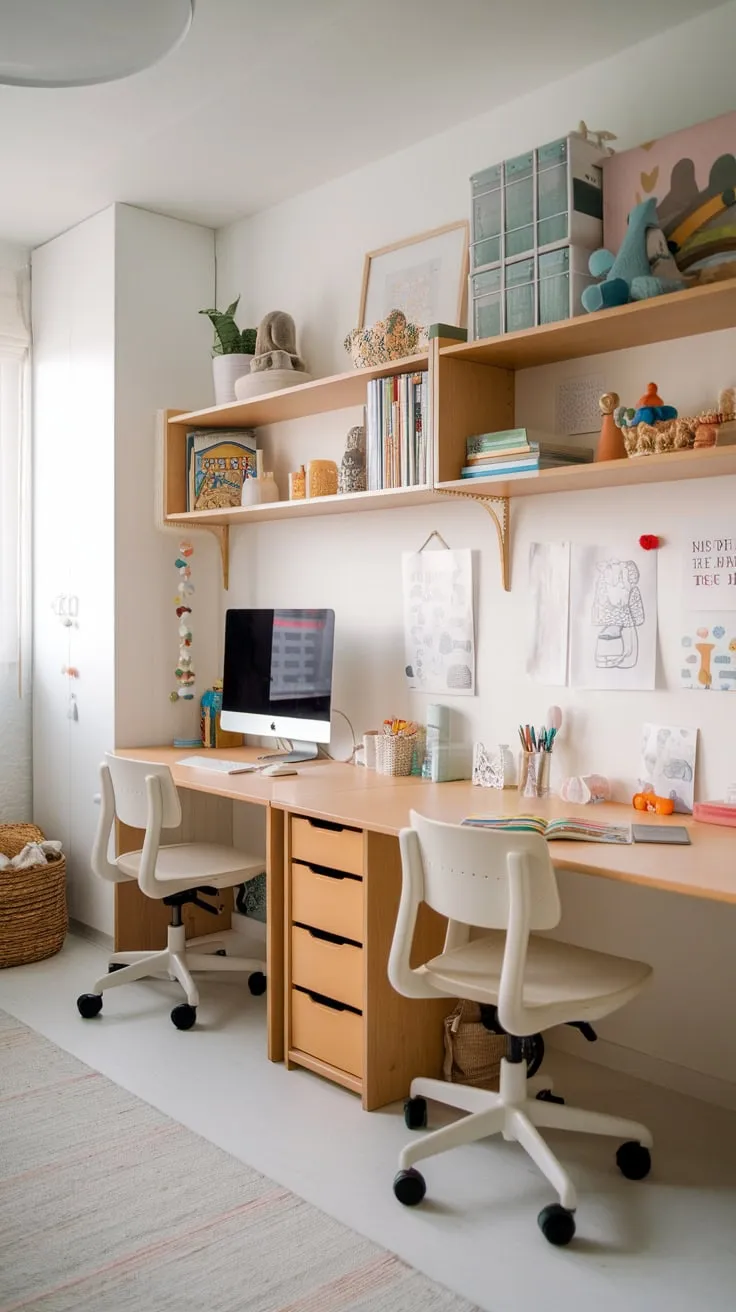 This cheerful kids' study room boasts a double IKEA desk, computer setup, dedicated homework space, and integrated play area.