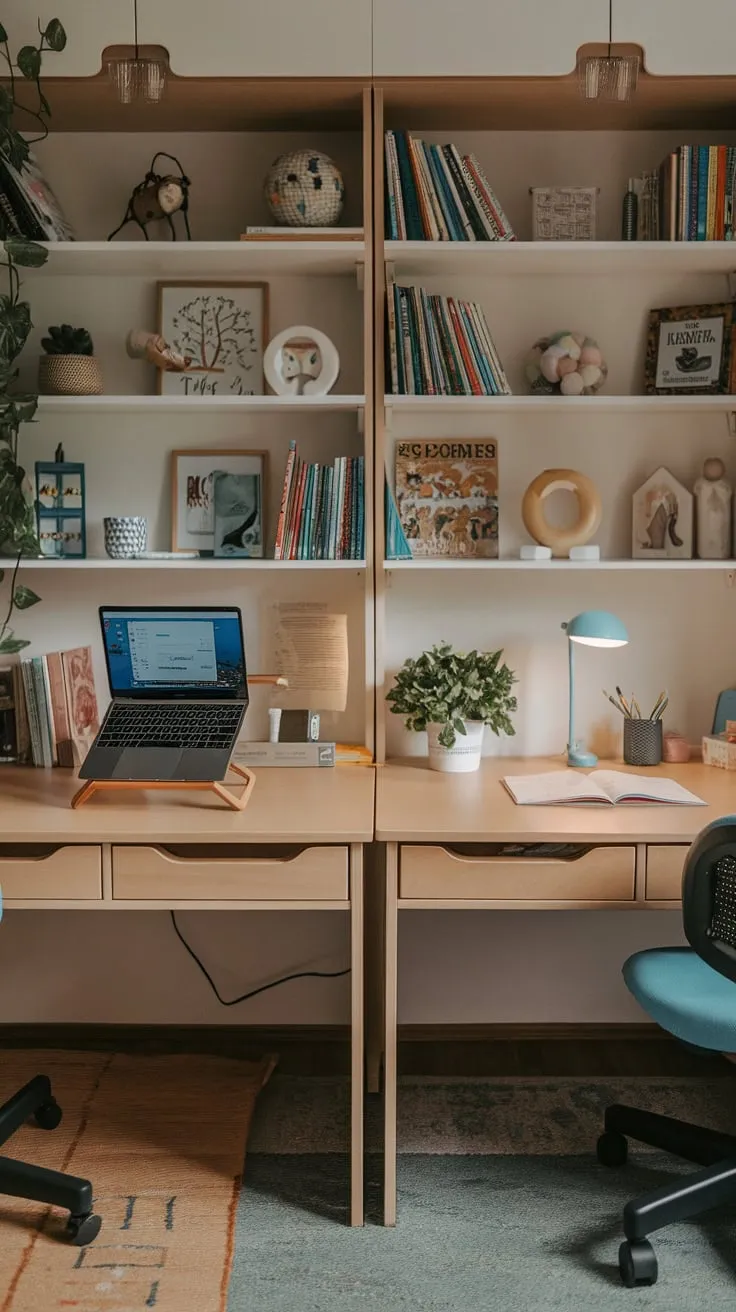 A cozy kids' study space boasts a double desk, ample bookshelves, and thoughtful details creating an ideal environment for learning and fun.