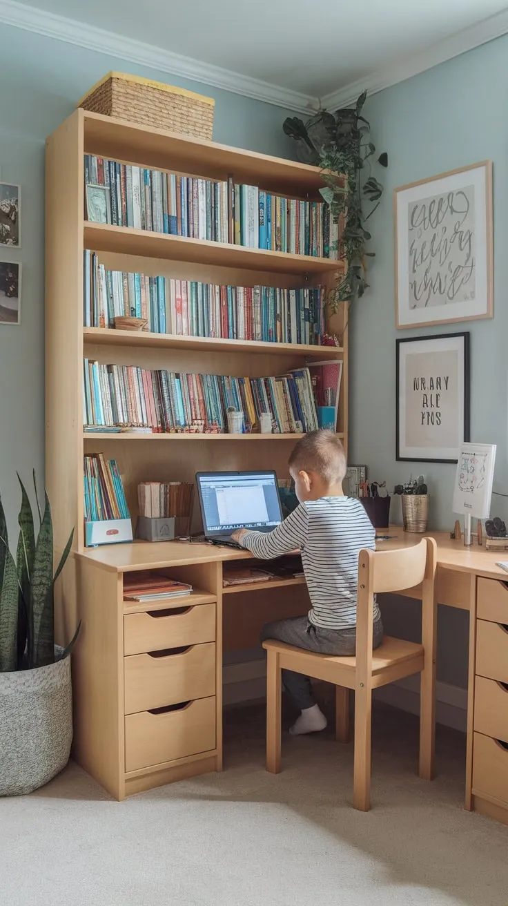 A cozy corner study space perfectly equipped for a homeschooling child includes a desk, books, and a calming blue atmosphere.