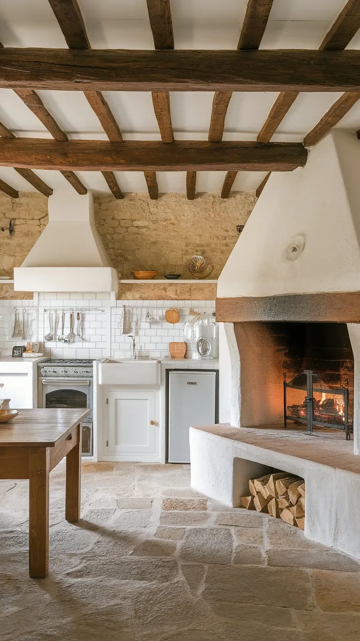 A dream kitchen realized: this white kitchen in a European farmhouse boasts a captivating fireplace design. The warmth of the fire places, the rustic stone walls, and the wooden beams create the perfect ambiance.  It's the epitome of kitchen inspirations for my dream home.