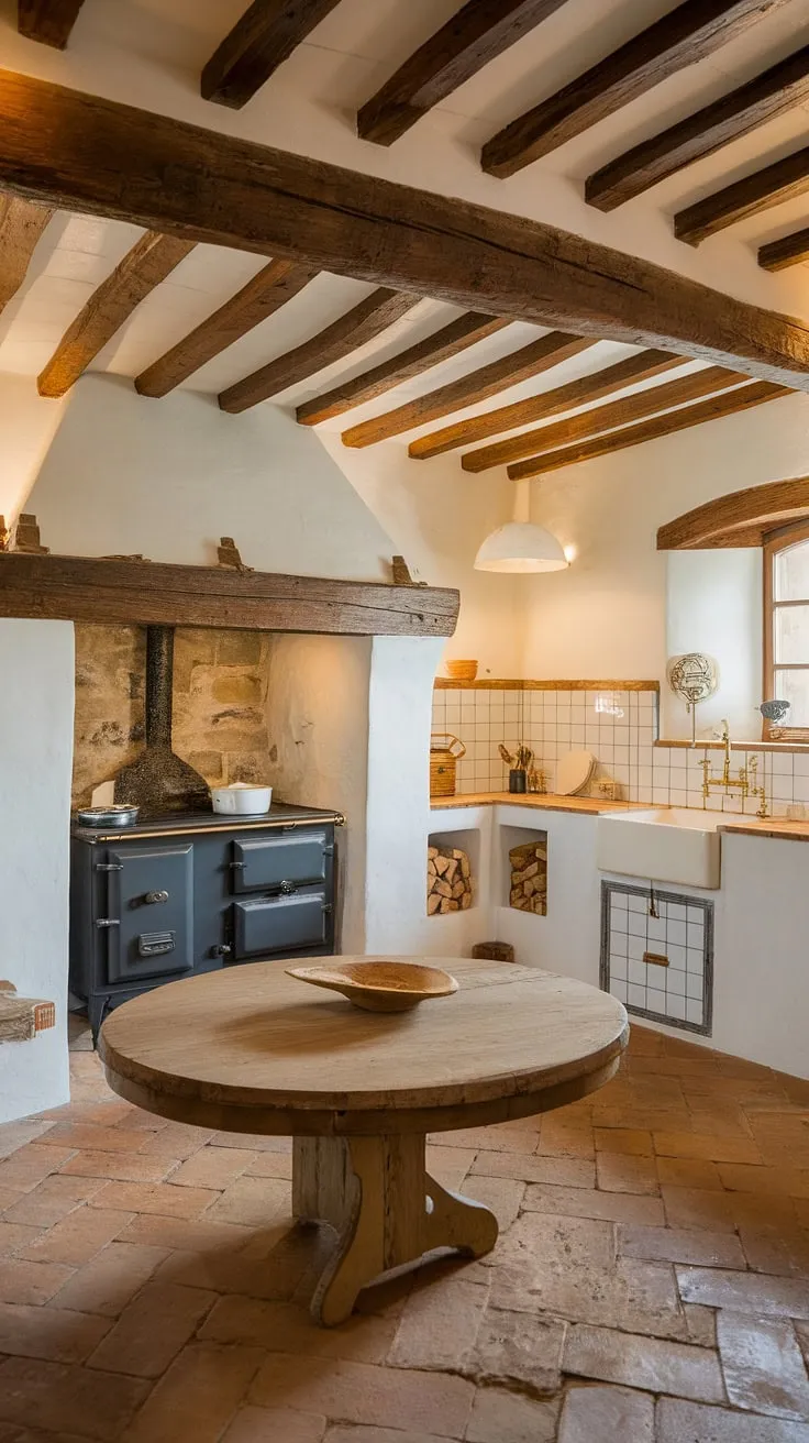 The warmth of a crackling kitchen fireplace in this European farmhouse kitchen is pure magic.  This fireplace design, nestled amongst exposed beams and a rustic wooden table, makes it the heart of my dream home.  White kitchen perfection meets cozy charm – ultimate kitchen inspirations for anyone dreaming of a space this beautiful.