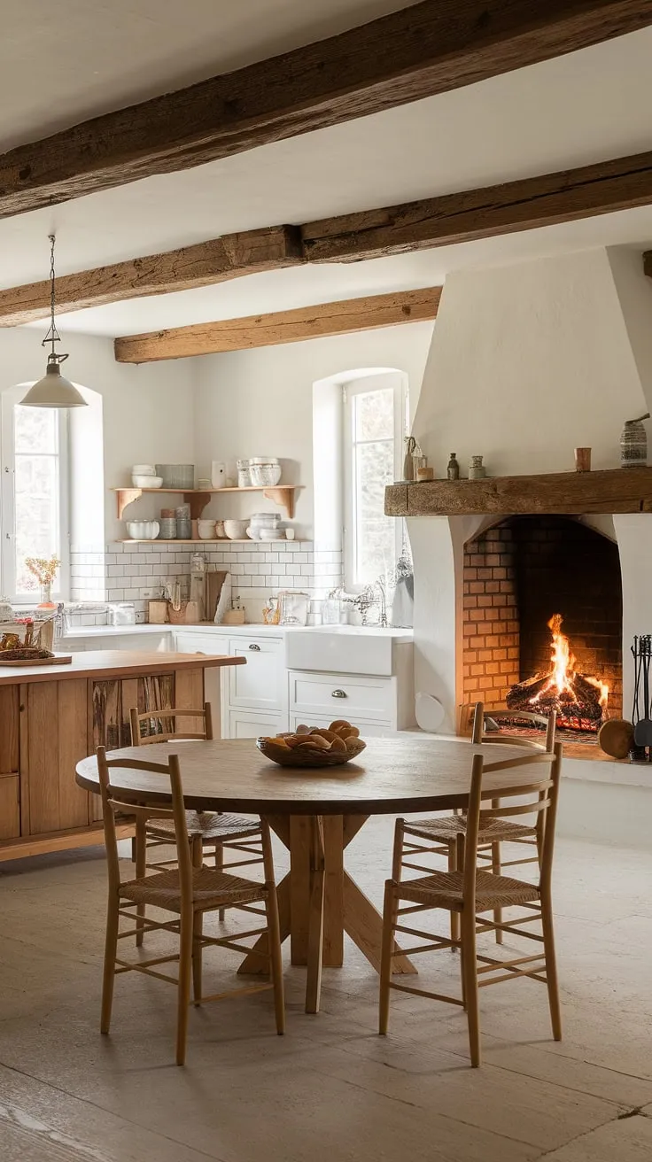 This European farmhouse kitchen is pure kitchen inspiration. The white kitchen is anchored by a magnificent kitchen fireplace, its fireplace design flawlessly blending rustic charm with modern elegance.  A large wooden table invites gatherings, making this space the heart of my dream home, a dream kitchen come true.  Fire places don't get much better than this.