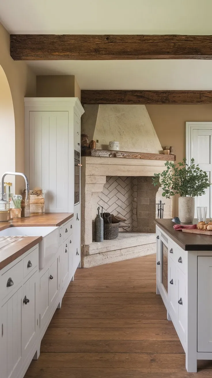 My dream kitchen has arrived! This white kitchen, complete with a cozy kitchen fireplace, is the epitome of European farmhouse style. The fireplace design, the wooden beams, the warm wood floors&#8230; every detail speaks of comfort and style.  It's more than just kitchen inspirations; it's the heart of my dream home.