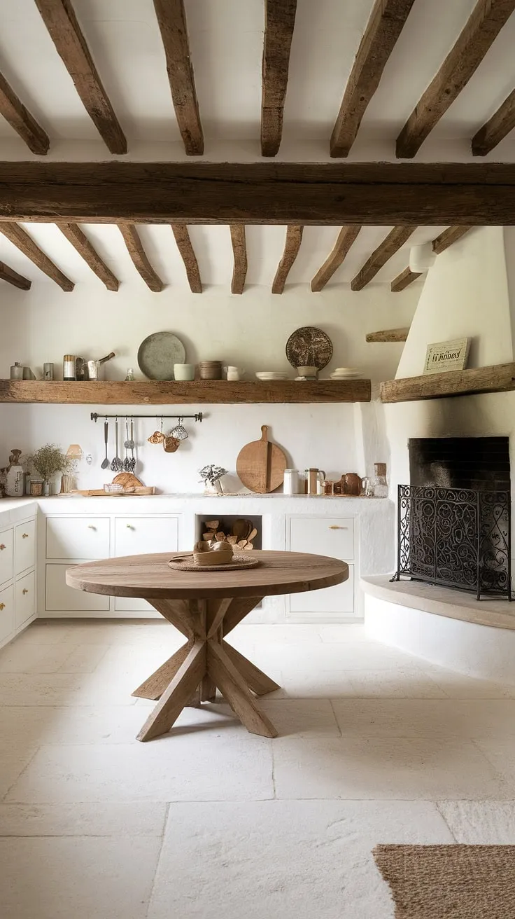 My dream home kitchen is finally a reality! This white kitchen, complete with a stunning kitchen fireplace and rustic wooden accents, is everything I've ever wanted. The fireplace design, with its black iron frame and white stone, is a focal point, perfectly complementing the European farmhouse aesthetic.  This space is overflowing with kitchen inspirations, and it's truly my dream kitchen come to life.  Fire places have never looked so good.