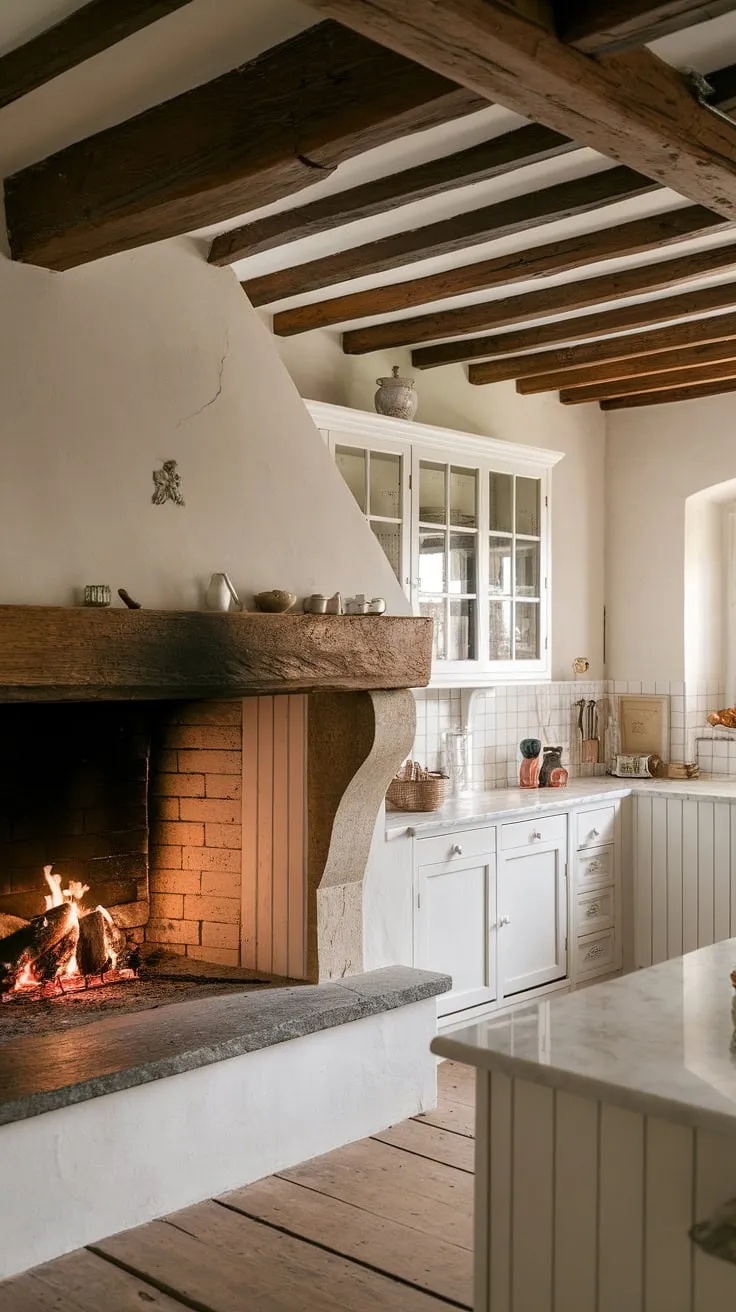 The warmth of the crackling kitchen fireplace in this European farmhouse is the heart of my dream home.  This stunning fireplace design, nestled within a white kitchen, offers endless kitchen inspirations for creating the perfect space.