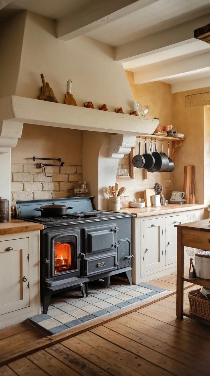 This kitchen fireplace is the centerpiece of my dream home—a beautiful European farmhouse kitchen brimming with character.  The fireplace design, nestled within the white kitchen, creates a space filled with warmth and charm.  From the fire places' functional oven to the rustic wooden accents, it's the ultimate kitchen inspirations for anyone seeking a dream kitchen.