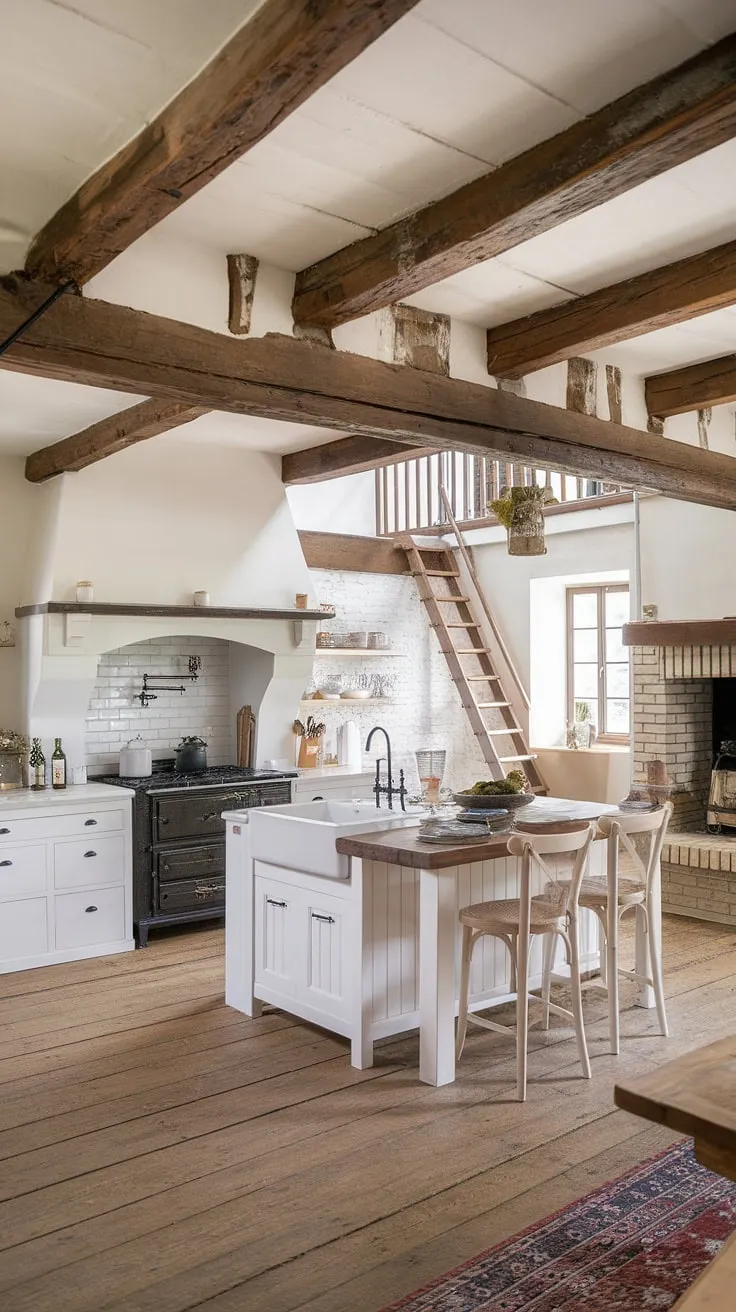 Kitchen inspirations abound in this stunning white kitchen. The exposed beams, brick fireplace, and charming loft accessed by a ladder create a truly unique atmosphere.  Fire places like this one, a focal point of the fireplace design, transform this European farmhouse kitchen into my dream home, a space where comfort and style meet.