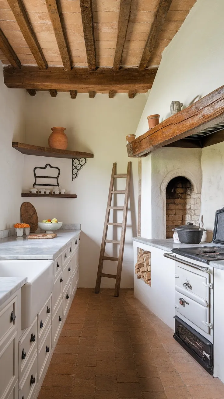 My dream kitchen has arrived! This white kitchen, nestled within a stunning European farmhouse, boasts a dream fireplace design. The kitchen fireplace, with its stonework and wooden mantel, perfectly complements the vintage stove and wrought iron accents.  Fire places like this are the heart of a home, and this one truly inspires.