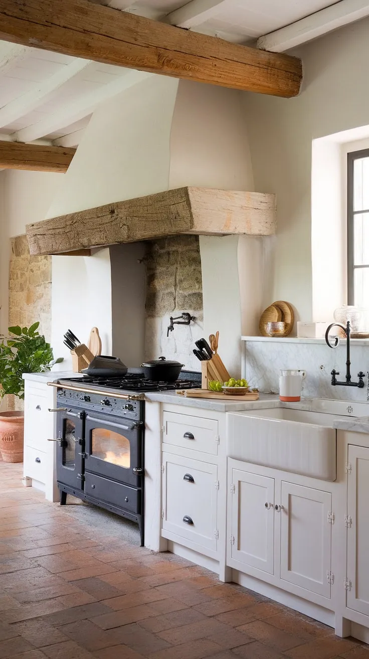 The warmth of a kitchen fireplace, the charm of a European farmhouse, and the elegance of a white kitchen all come together in this dream kitchen.  This fireplace design is the heart of my dream home, offering endless kitchen inspirations.