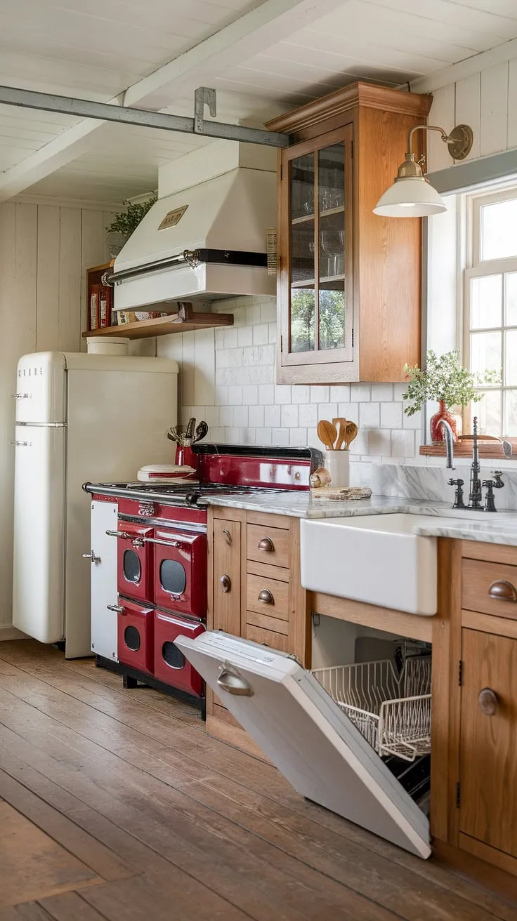 The ingenious use of a kitchen garage in this farmhouse kitchen design maximizes space and minimizes clutter. The appliance garage houses a white refrigerator, a vibrant red range cooker, and a white dishwasher, all tucked away neatly. The kitchen interior design is completed with rich wood cabinets, a sleek marble countertop, and a farmhouse-style white sink, all illuminated by a charming pendant light. Plenty of kitchen pantry cabinets provide ample storage.