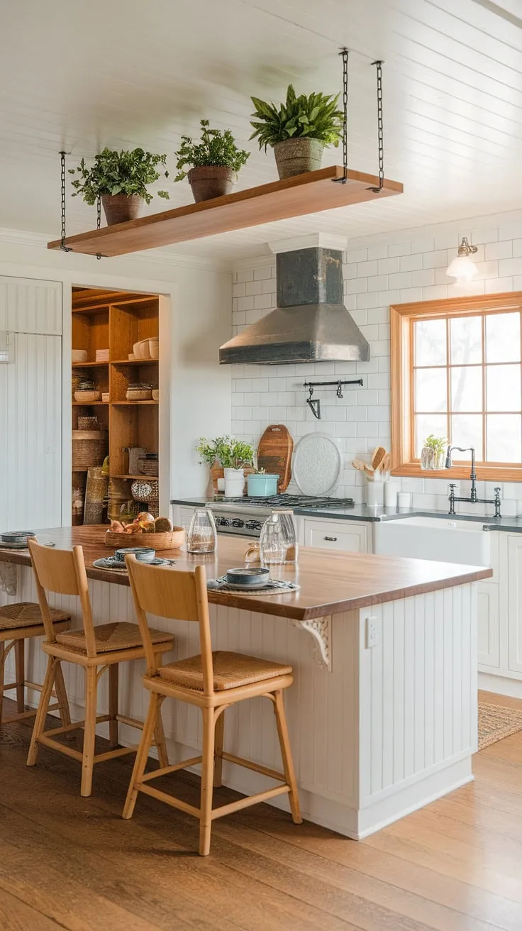 This farmhouse kitchen design seamlessly integrates a kitchen garage, keeping appliances neatly tucked away in the kitchen appliance garage, while the kitchen pantry cabinets and large island maintain a warm, inviting feel.