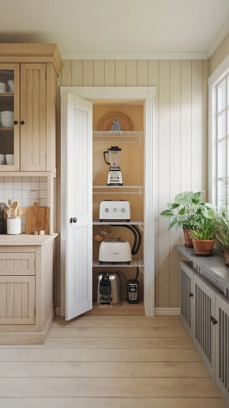 Farmhouse kitchen design goals: This kitchen appliance garage keeps countertops clear while the kitchen pantry cabinets offer ample storage. A dream kitchen interior design.