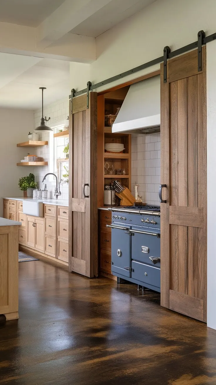 This farmhouse kitchen design boasts a stunning feature: a custom-built kitchen garage, acting as both a kitchen appliance garage and a spacious pantry. The rustic wooden kitchen pantry cabinets and the overall aesthetic are perfectly complemented by the dark concrete floor and the farmhouse sink. The thoughtful kitchen interior design maximizes space and style.