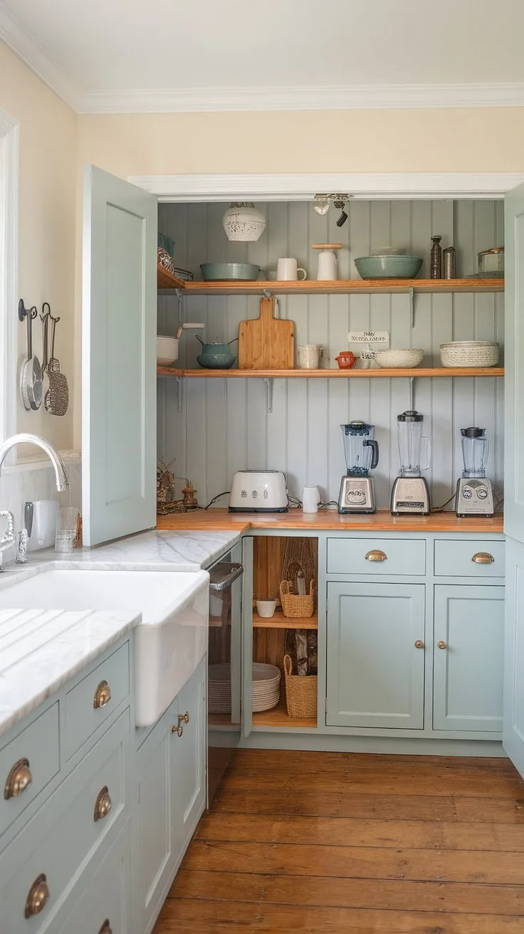 This farmhouse kitchen design cleverly incorporates a kitchen appliance garage, showcasing seamless style and functionality. The white cabinets and marble countertops complement the organized appliance garage and charming kitchen pantry cabinets perfectly.