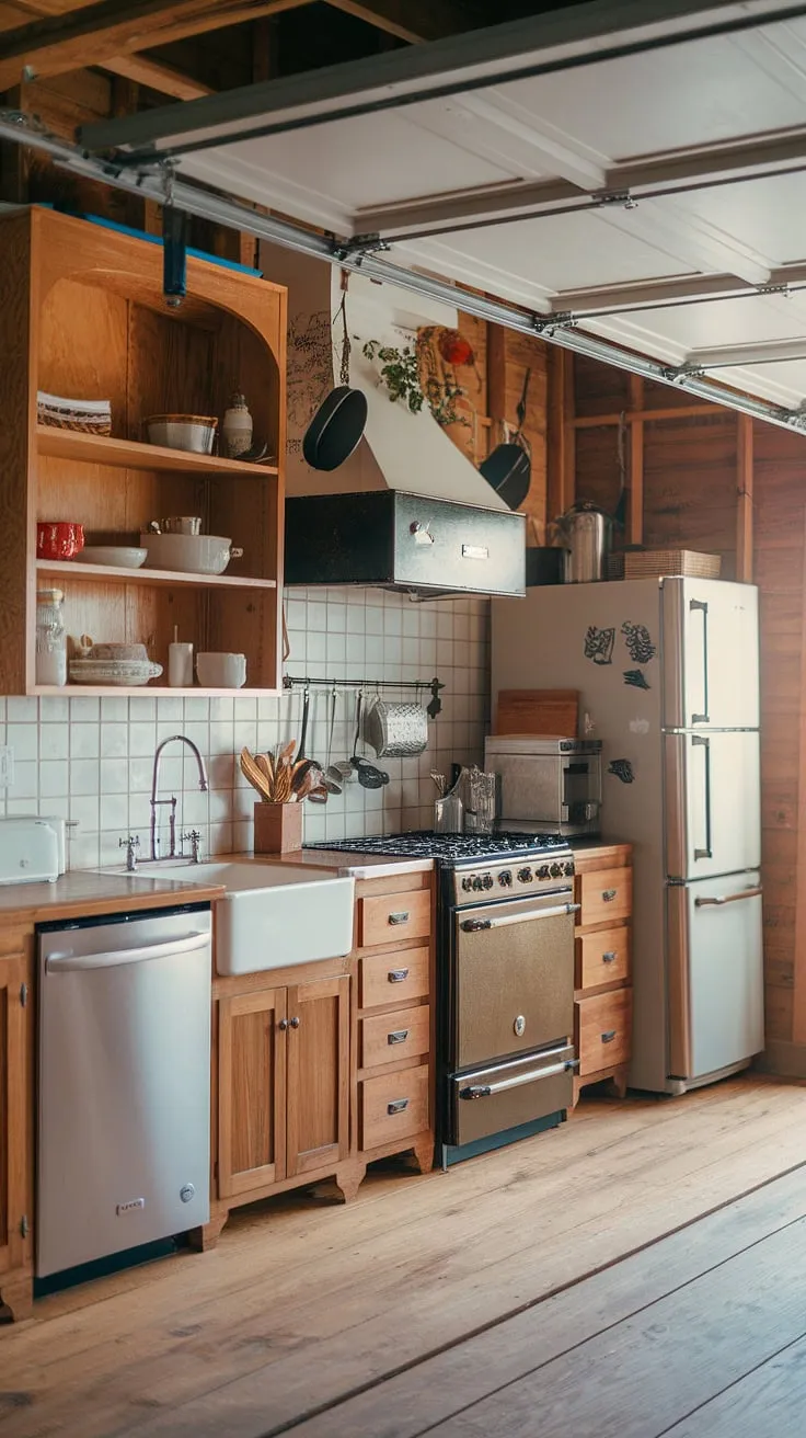 Rustic charm meets practical storage in this farmhouse kitchen design. The main kitchen boasts warm wood kitchen pantry cabinets, a farmhouse sink, and a stove with a hanging pot, while a cleverly integrated kitchen garage houses additional kitchen appliances, creating a seamless and efficient appliance garage. The wood flooring completes the cozy, functional kitchen interior design.