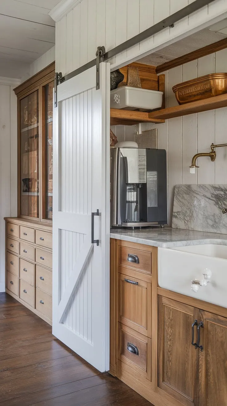 This stunning kitchen interior design showcases a thoughtful blend of farmhouse style and modern convenience. The integrated kitchen appliance garage, or appliance garage as it's sometimes called, keeps countertops clutter-free, while the ample kitchen pantry cabinets offer generous storage. The marble countertop and dark wood floors create a sophisticated contrast, completing this beautiful space.