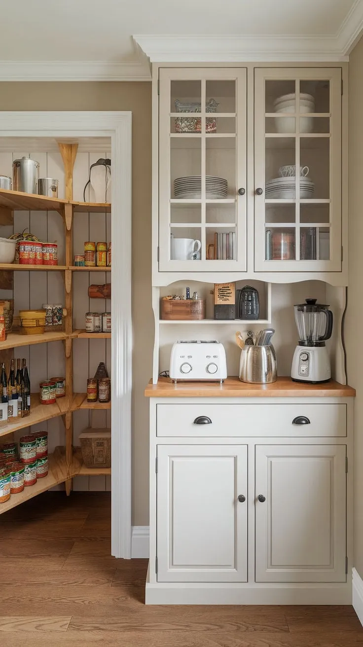 Organized farmhouse charm meets function: This kitchen garage and pantry system maximizes space and style in this stunning kitchen interior design.
