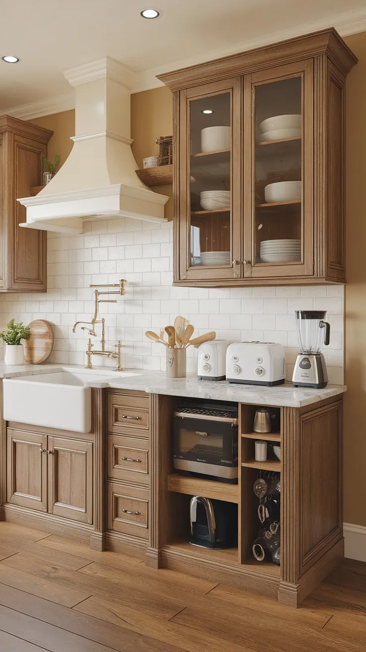 This farmhouse kitchen design seamlessly blends rustic charm with modern convenience.  The thoughtfully designed kitchen appliance garage, complete with built-in toaster, coffee maker, and blender, keeps countertops clutter-free, while the ample kitchen pantry cabinets and a spacious kitchen garage provide abundant storage.