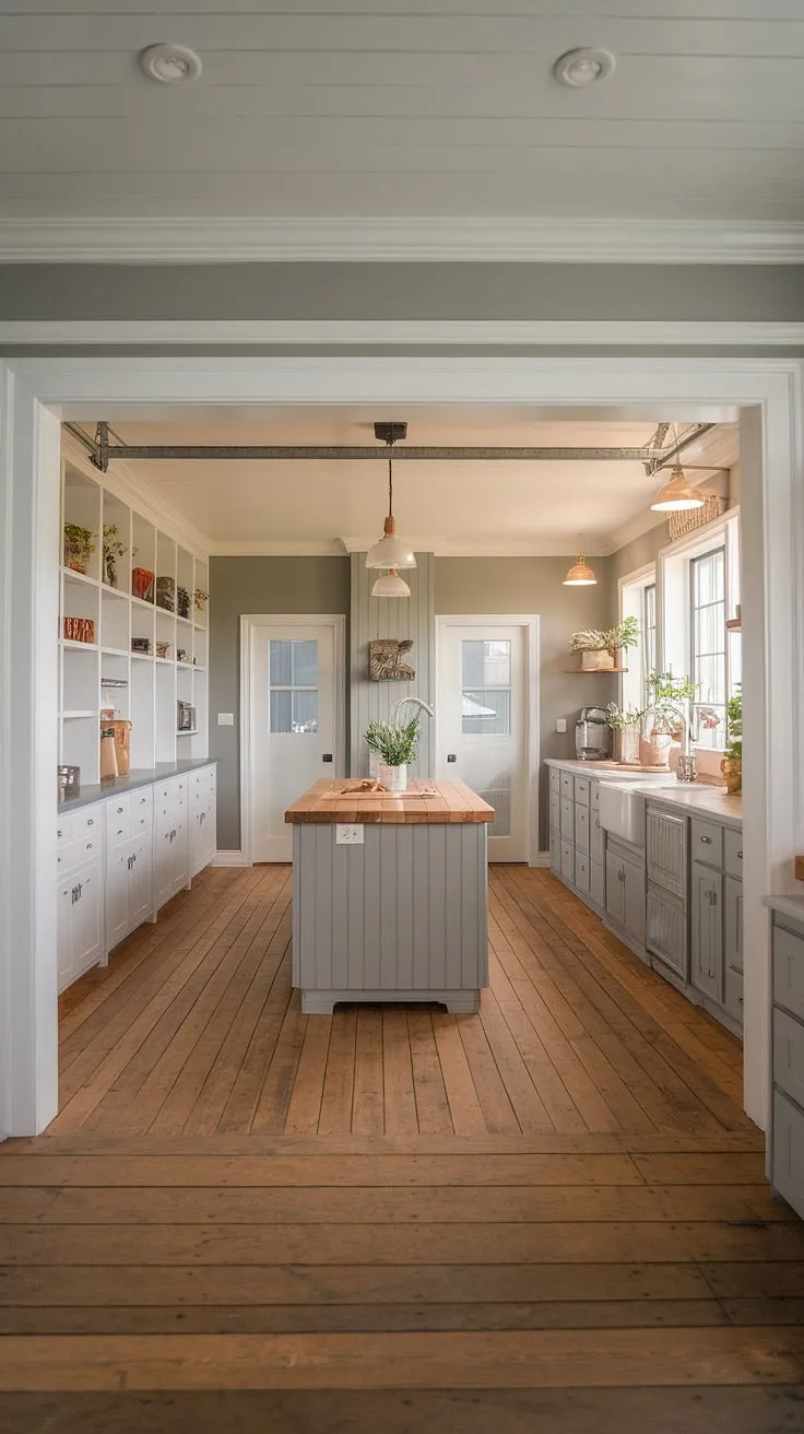 The ultimate dream kitchen: a spacious farmhouse kitchen design featuring a clever appliance garage, hiding away bulky kitchen appliances.  The combination of kitchen pantry cabinets and the stylish kitchen garage makes this kitchen both beautiful and incredibly practical.