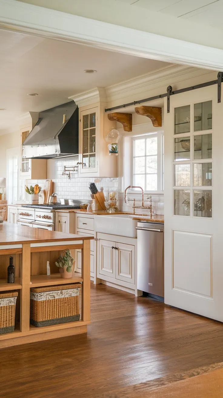 This stunning farmhouse kitchen design boasts a practical kitchen garage, showcasing a thoughtful approach to kitchen appliance storage. The appliance garage, with its charming windowed door, houses the dishwasher and microwave, keeping countertops clutter-free. The blend of white and wood cabinetry, a generous island, and ample kitchen pantry cabinets contribute to the overall charm and functionality of this kitchen interior design.