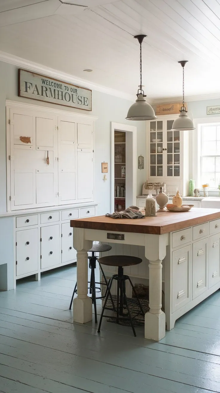 Sunlight streams into this charming farmhouse kitchen, illuminating the bright white cabinets and butcher block island topped with three simple stools. Pendant lights hang overhead, casting a warm glow. Clever kitchen interior design is evident in the dedicated appliance garage, keeping the countertops clutter-free, while ample kitchen pantry cabinets offer generous storage. The light blue painted floor adds a touch of whimsy, and a vintage "Welcome to our Farmhouse" sign completes the scene. The kitchen garage seamlessly integrates with the overall farmhouse kitchen design.