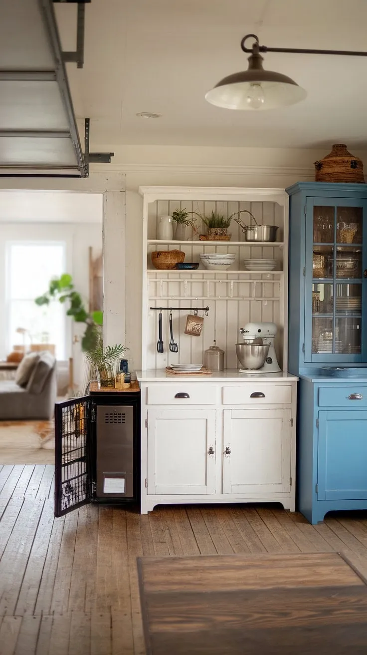 This farmhouse kitchen design boasts ample storage with sleek white kitchen pantry cabinets and a convenient black kitchen appliance garage, keeping countertops clutter-free. The blue accent cabinet adds a pop of color, while the wood flooring complements the overall rustic charm. A glimpse of the living area beyond hints at a seamlessly connected home.
