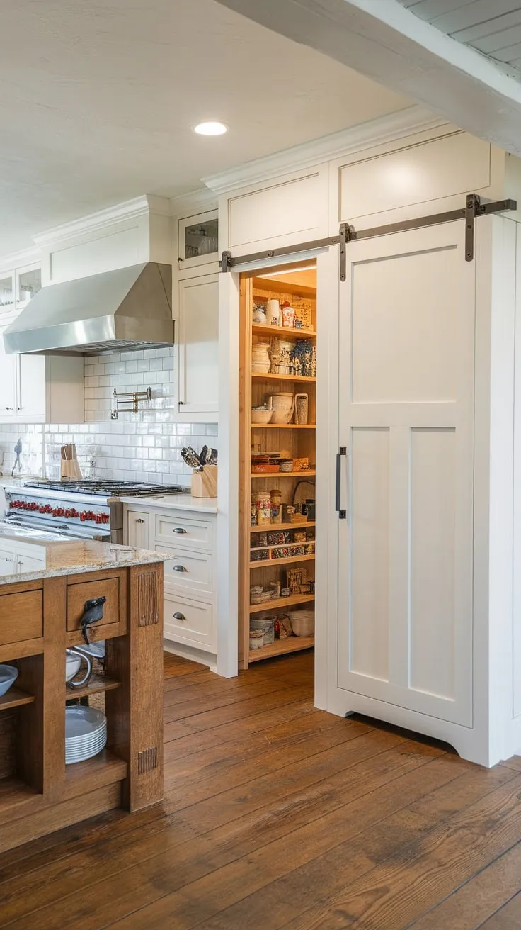 This farmhouse kitchen design boasts both style and practicality. A spacious kitchen pantry cabinets offers abundant storage, while a sleek, stainless steel appliance garage cleverly conceals small appliances, keeping the kitchen interior design clutter-free. The warm wood island and granite top complement the white cabinets and subway tile backsplash, creating a bright and inviting atmosphere. The kitchen appliance garage is a standout feature in this well-planned space.