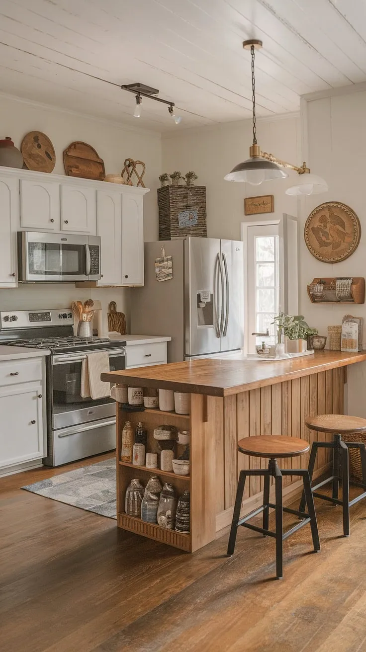 This charming farmhouse kitchen boasts a practical kitchen appliance garage, a stylish solution for hiding away small appliances. The rich wood flooring complements the rustic aesthetic, while the abundance of kitchen pantry cabinets and the well-placed kitchen garage contribute to a seamless and efficient kitchen interior design.
