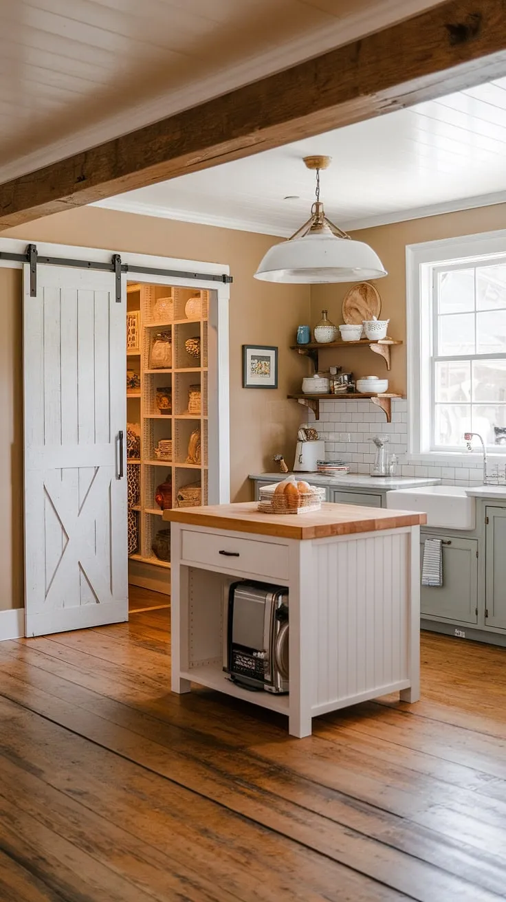 Warmth and practicality meet in this farmhouse kitchen design. The white kitchen island with its butcher block top anchors the space, while the clever kitchen appliance garage, complete with a sliding barn door, keeps countertops clutter-free. The ample kitchen pantry cabinets offer generous storage, complementing the overall aesthetic. This kitchen interior design showcases a perfect blend of vintage charm and modern functionality.