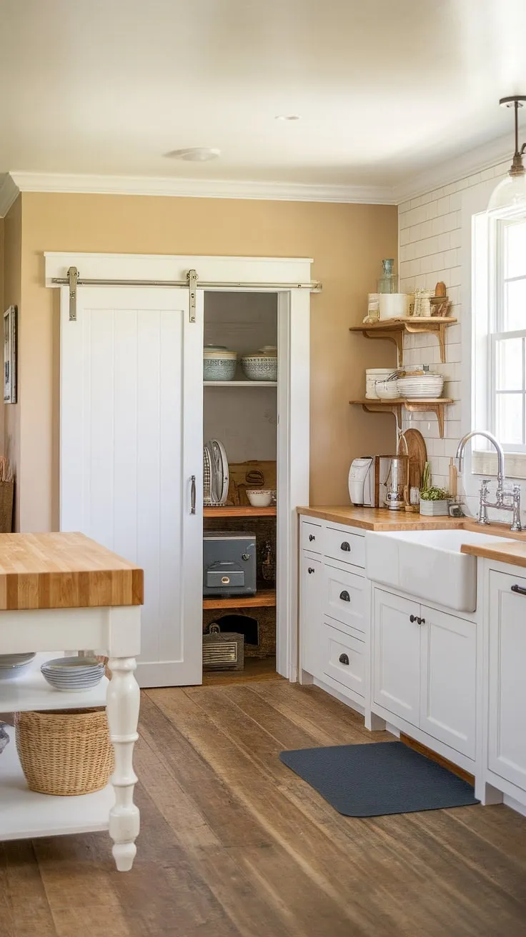 Maximize your farmhouse kitchen design with a dedicated kitchen appliance garage. This clever kitchen pantry cabinets solution keeps clutter at bay, showcasing the beauty of the space.